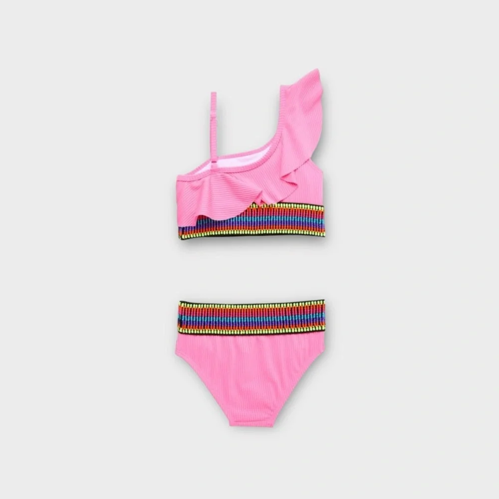 Betsey Johnson 2 Piece Embroidered Pink Ribbed Top & Bottom Swim Set